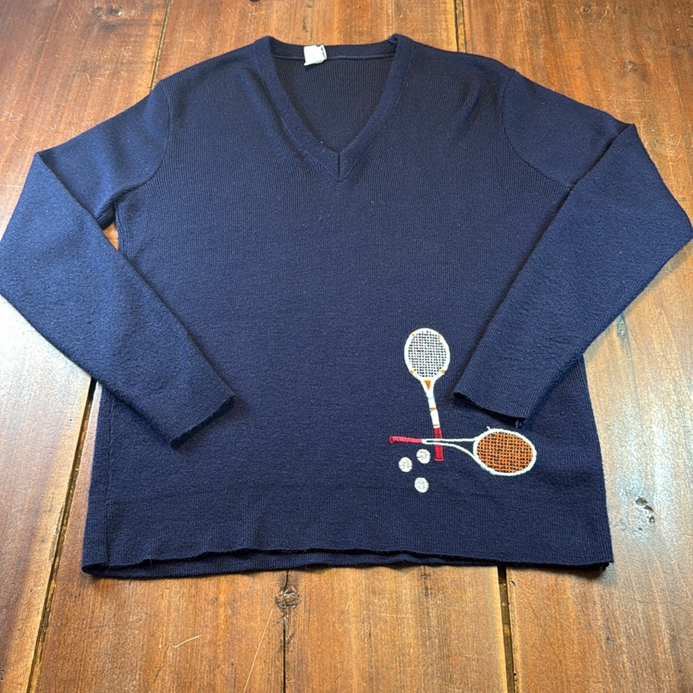 Unique Vintage Men's Eagle Shirtmakers‎ Sweater Size Large Navy Tennis Design